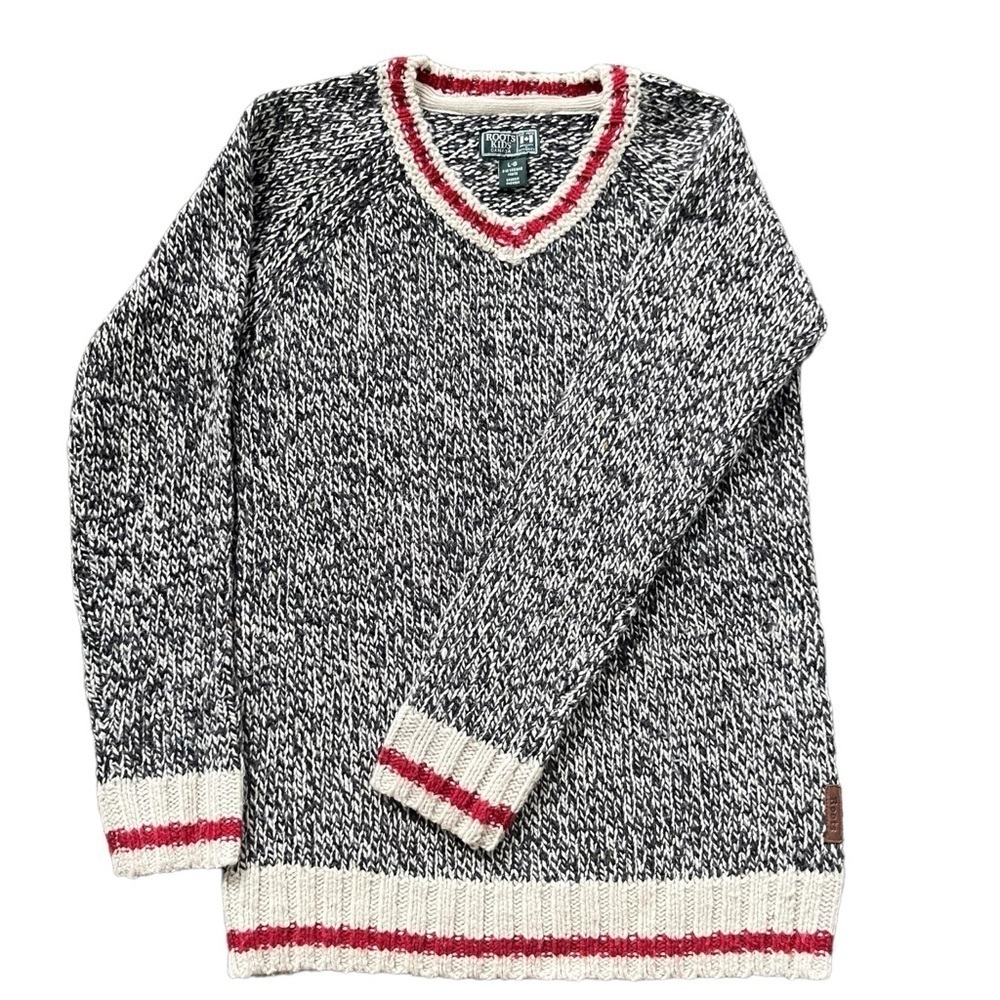 ROOTS Cabin Collection V-Neck Sweater Ragg Knit Wool Blend Size Large 9-10 Gray - Picture 2 of 7